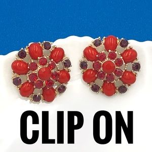 Red Flower Rhinestone Gold Clip On Earrings
